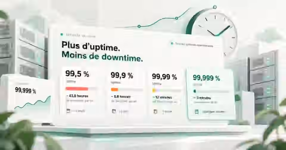 Comparaison visuelle des niveaux de disponibilité 99,5 %, 99,9 %, 99,99 % et 99,999 % et du temps de panne annuel