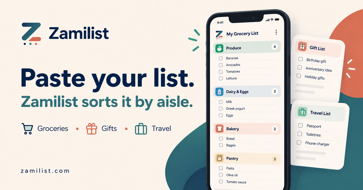 Zamilist: grocery lists sorted by aisle and other everyday lists