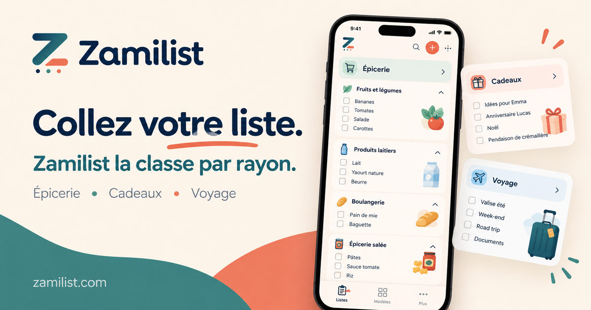 Zamilist : listes d’épicerie classées par rayon et autres listes du quotidien